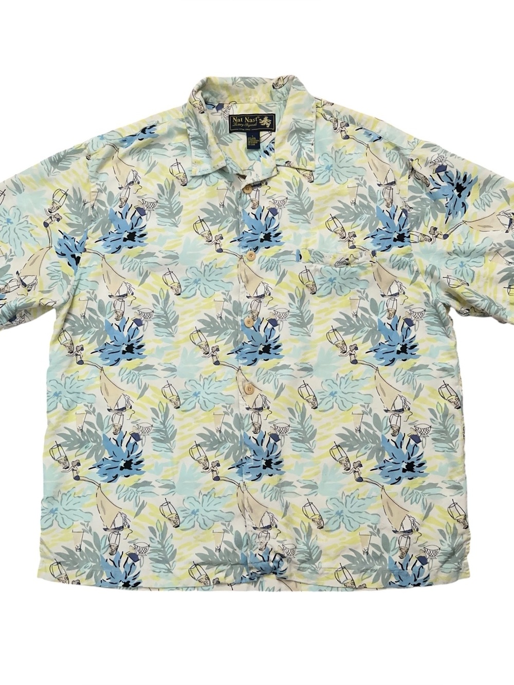 Nat Nast Shirt Mens L Hawaiian Camp Collar Silk Floral Yellow As Time Goes By